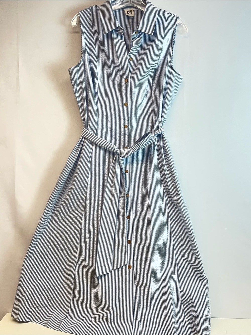 Anne Klein Blue and White Striped Sleeveless SeersuckerShirt Dress with Tie Belt